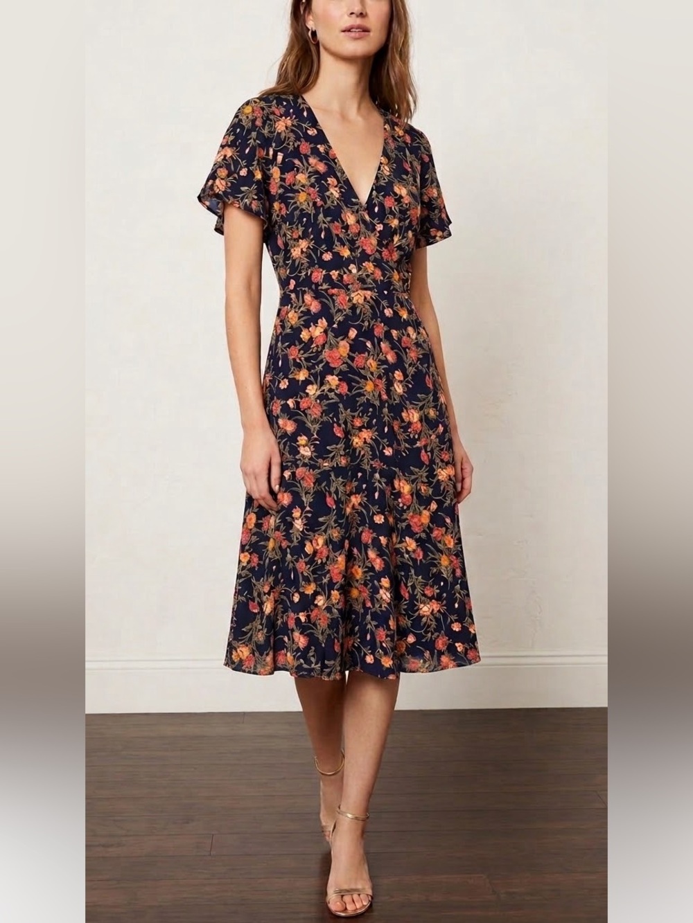 LOFT Dark Floral Relaxed Faux Wrap Dress Size 6
